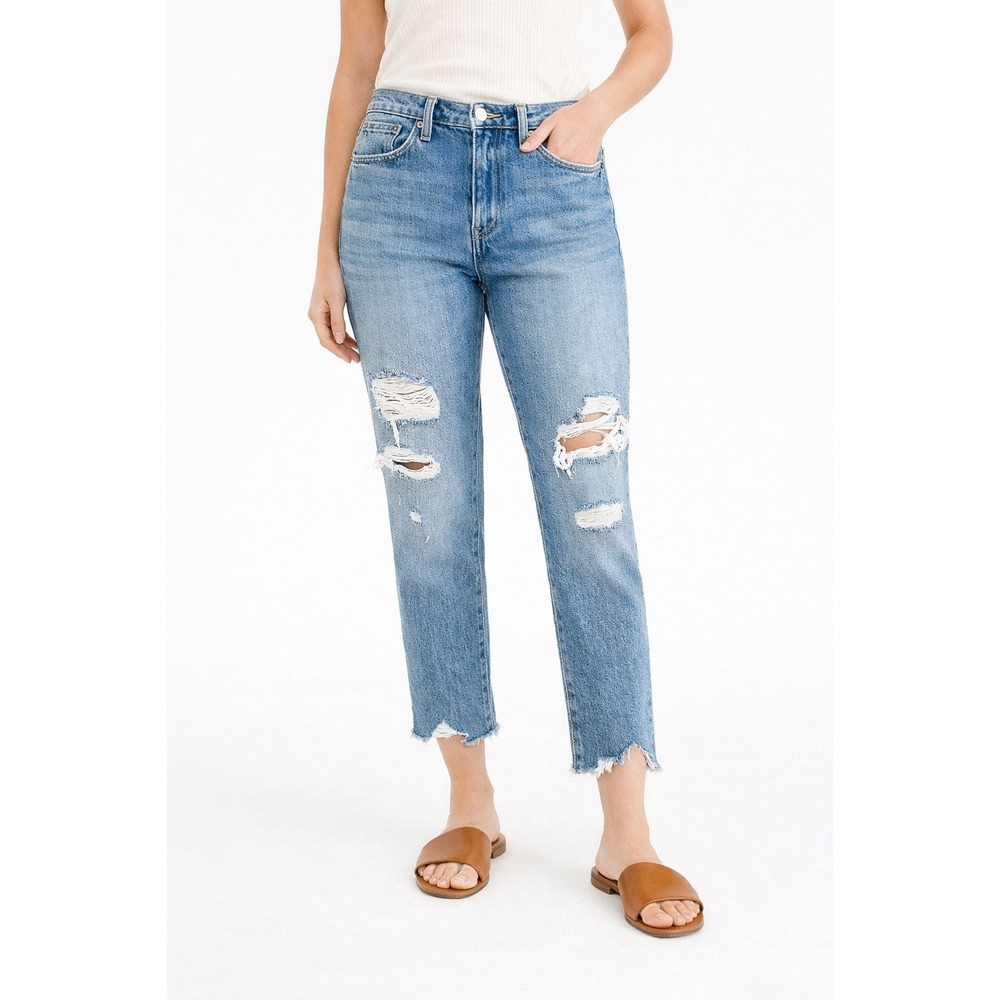 V1 J.Crew‎ Denim Distressed Straight Leg Jeans Blue Raw Hem Ripped Size 26